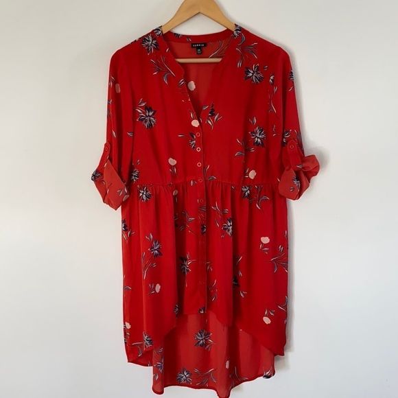 TORRID Red Floral Sheer High-Low Tunic Blouse (g28) - Picture 1 of 6